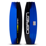 O'Brien System Wakeboard top and base view in blue and black, featuring sleek contours and bold branding.