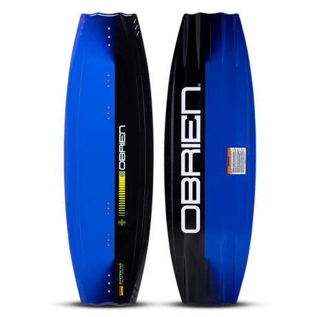 O'Brien System Wakeboard top and base view in blue and black, featuring sleek contours and bold branding.
