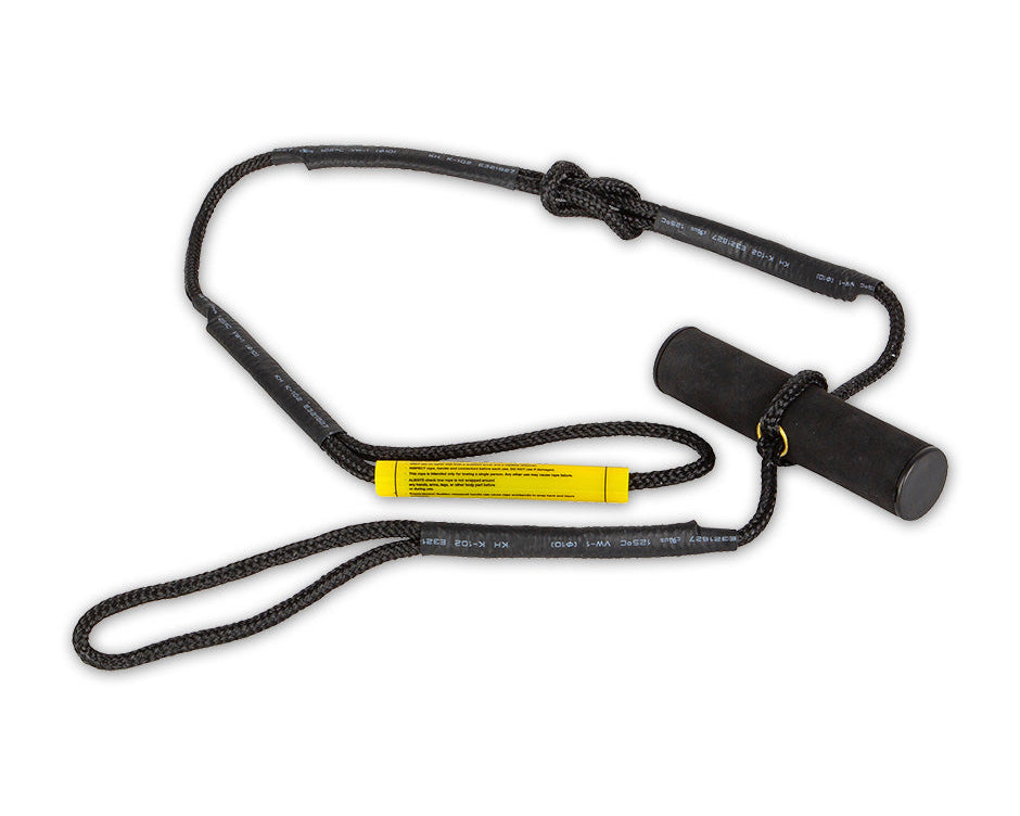 Angled view of the O'Brien T-Bar Attachment in black, featuring a compact design with a padded grip and rope loops.