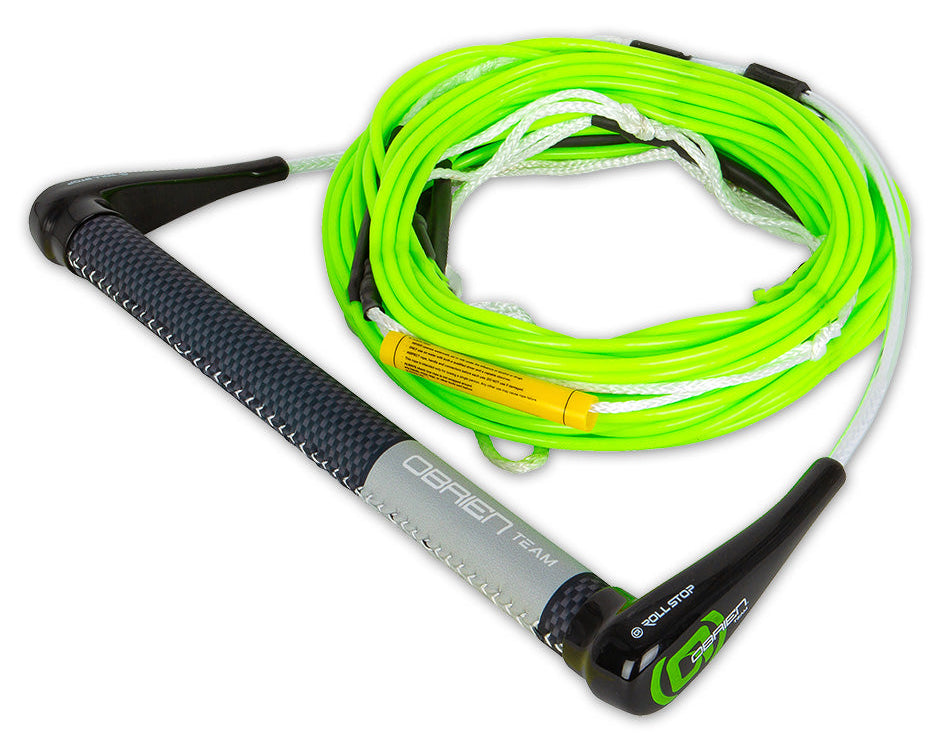 Angled view of the O'Brien Team Handle with Silicone Line Combo, with a black grip handle and neon green rope.