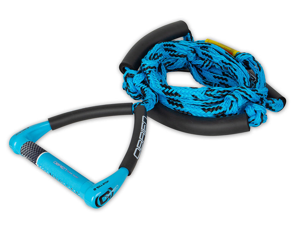 O'Brien Team Surf Rope in aqua, with a blue and black braided rope, a textured handle, and black foam floats for grip.