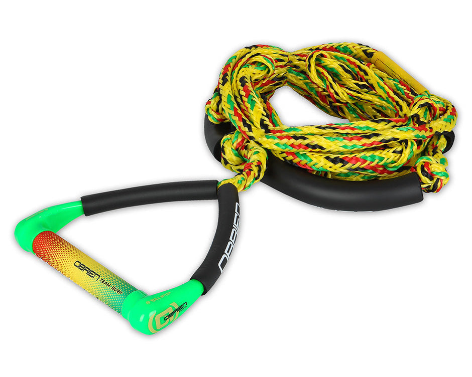 O'Brien Team Surf Rope in rasta colors, featuring a green, yellow, and red rope with a padded handle and black foam floats.