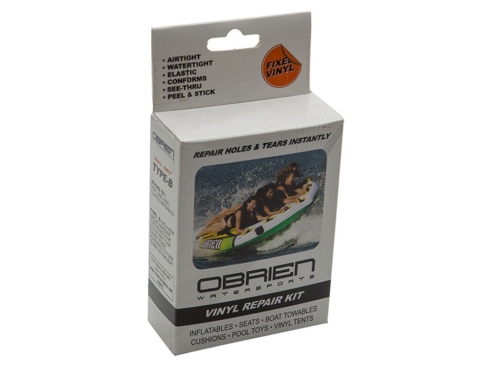 O'Brien Tear Aid Patch Kit, a repair kit in a white box featuring an image of a group riding a towable tube.