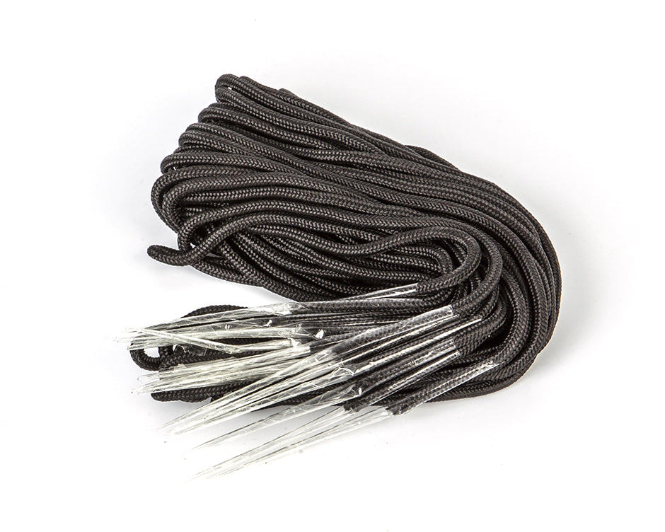 Bundle of thick black binding laces with clear plastic aglets, designed for wakeboard bindings.