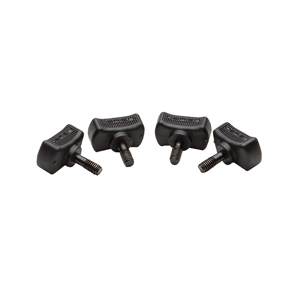 Set of four black thumbscrews with textured grip, used for securing wakeboard bindings.