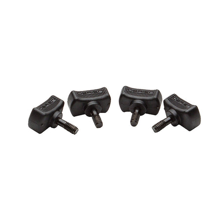 Set of four black thumbscrews with textured grip, used for securing wakeboard bindings.
