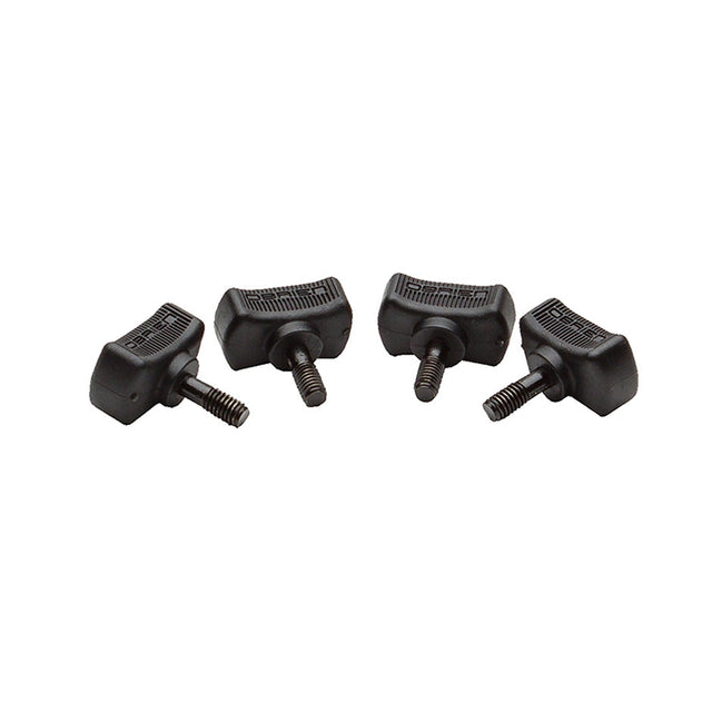 Set of four black thumbscrews with textured grip, used for securing wakeboard bindings.