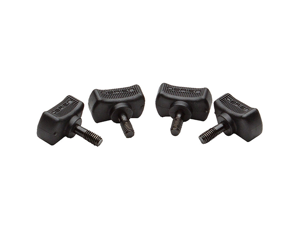 Set of four black thumbscrews with textured grip, used for securing wakeboard bindings.