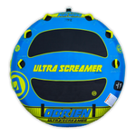 Top view of the blue and black O'Brien Ultra Screamer, a two-rider towable tube with six handles.