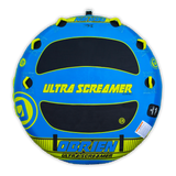 Top view of the blue and black O'Brien Ultra Screamer, a two-rider towable tube with six handles.
