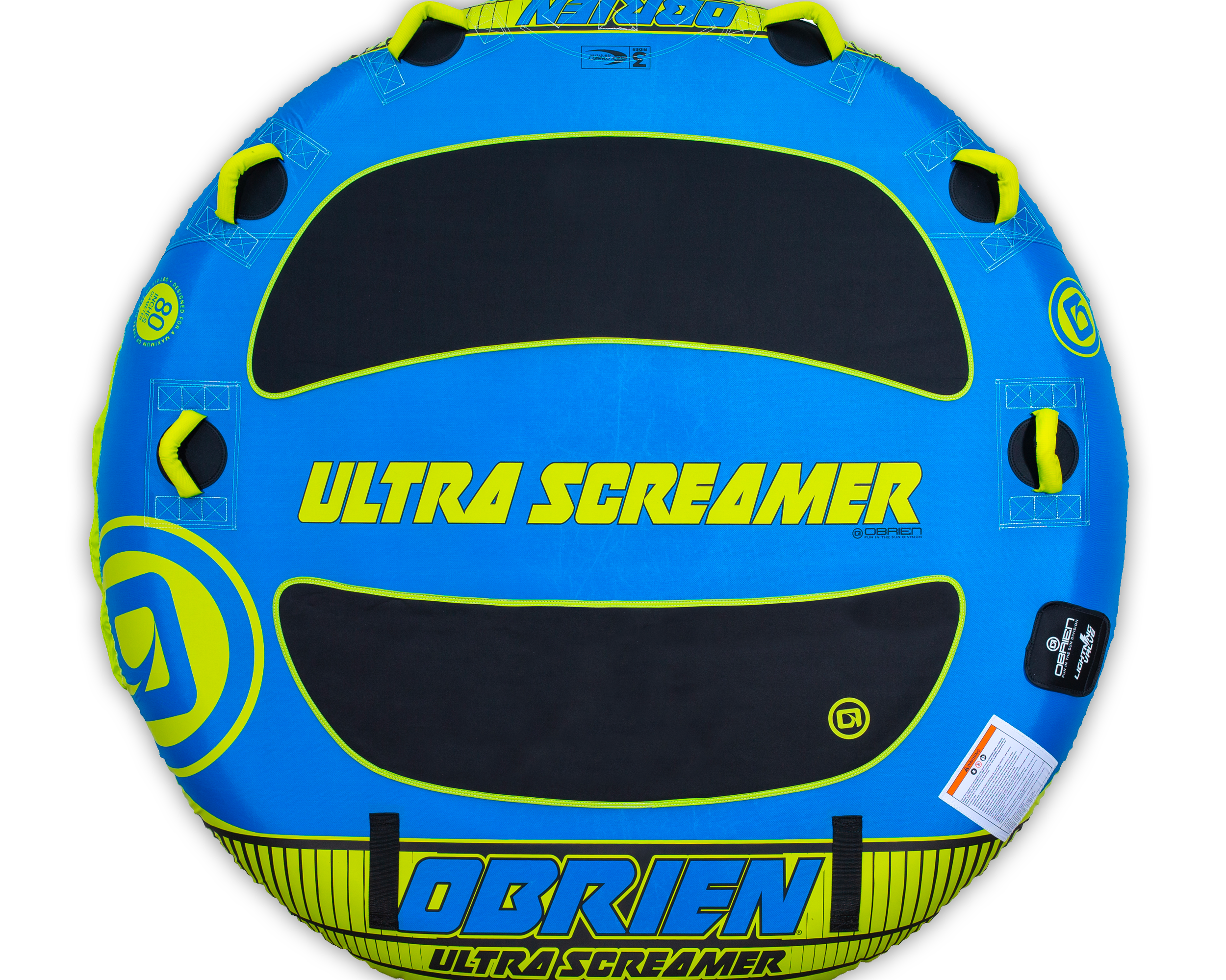 Top view of the blue and black O'Brien Ultra Screamer, a two-rider towable tube with six handles.