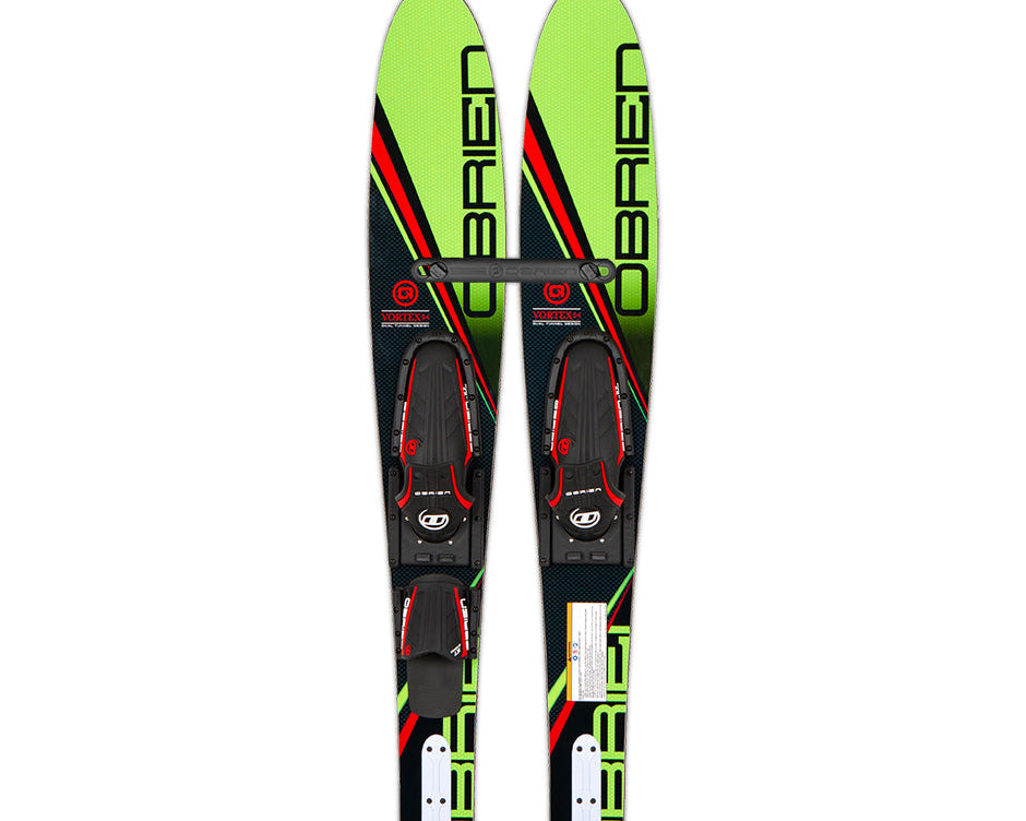 Top and base view of the O'Brien Vortex 54" Combo Waterskis in green with black and red details, featuring a stabilizer bar.