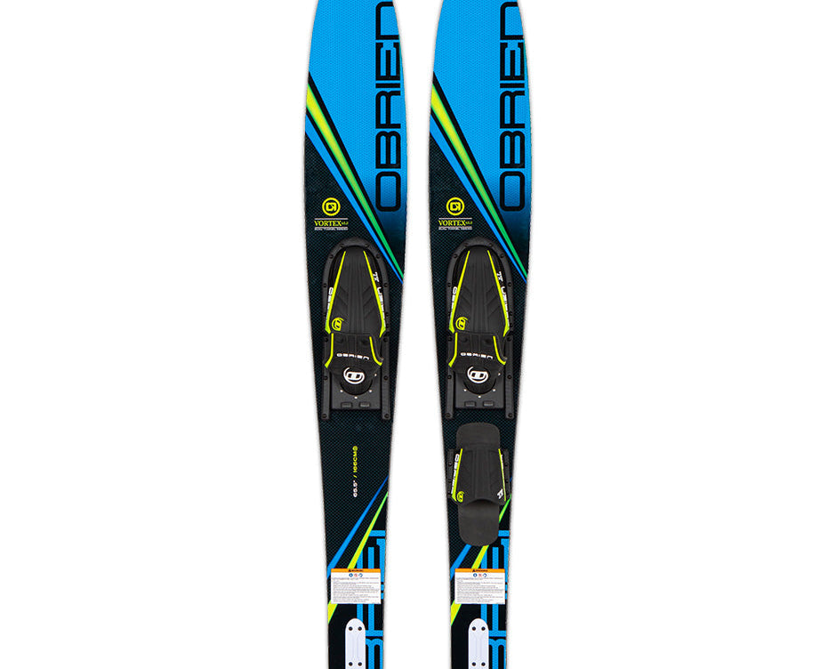Top and base view of the O'Brien Vortex 65.5" Combo Waterskis in blue with black and yellow details, and adjustable bindings.