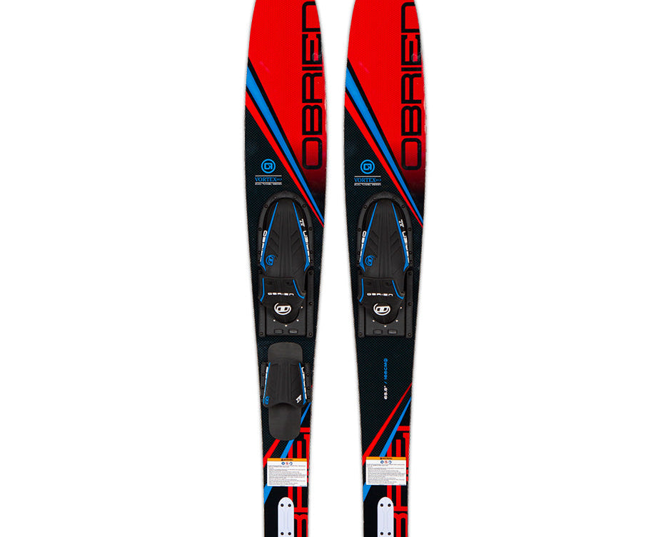 Top and base view of the O'Brien Vortex 65.5" Combo Waterskis in red with black and blue details, and adjustable bindings.