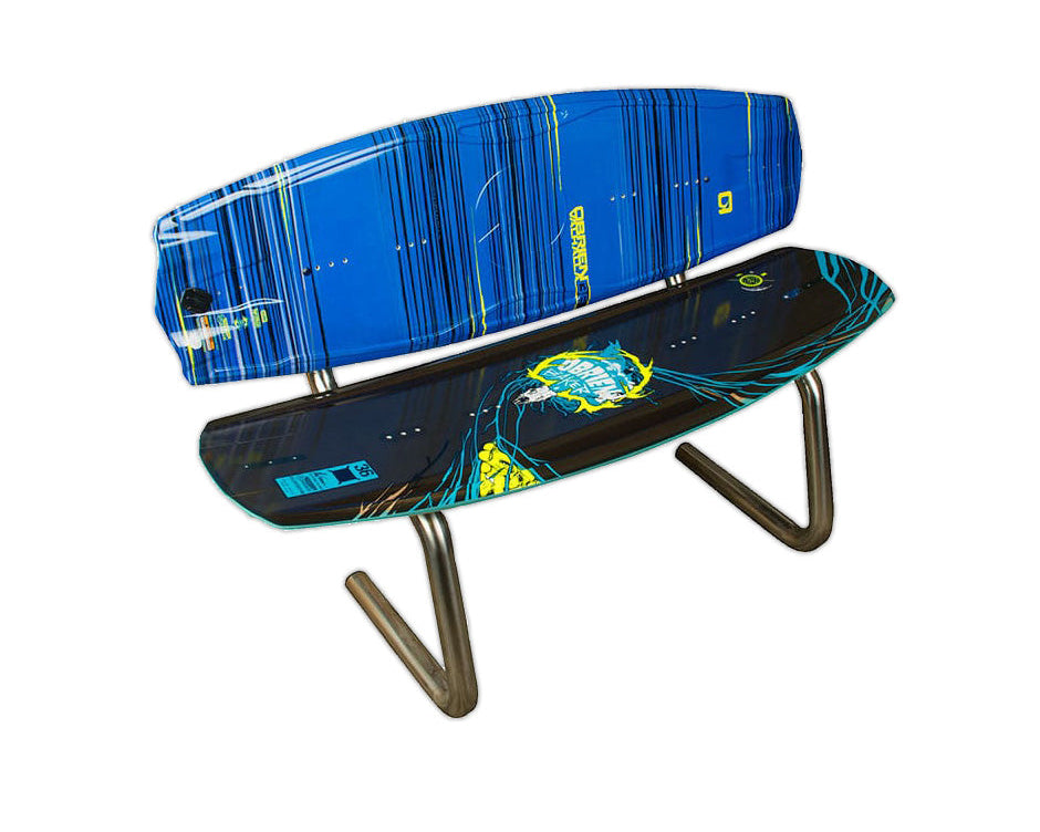O'Brien Wakeboard Bench Kit with metal legs designed to support wakeboards as seating surfaces.