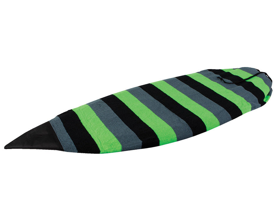 OBrien Wakesurfer Sock with a black, gray, and neon green striped design.