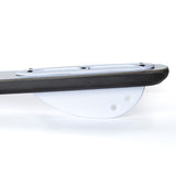 White O'Brien plastic fin attached to a board, featuring a curved shape with multiple holes for mounting.