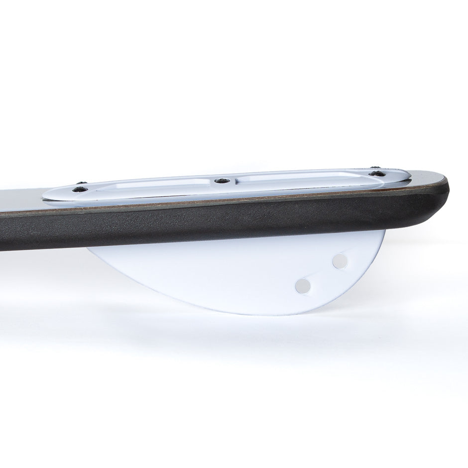 White O'Brien plastic fin attached to a board, featuring a curved shape with multiple holes for mounting.