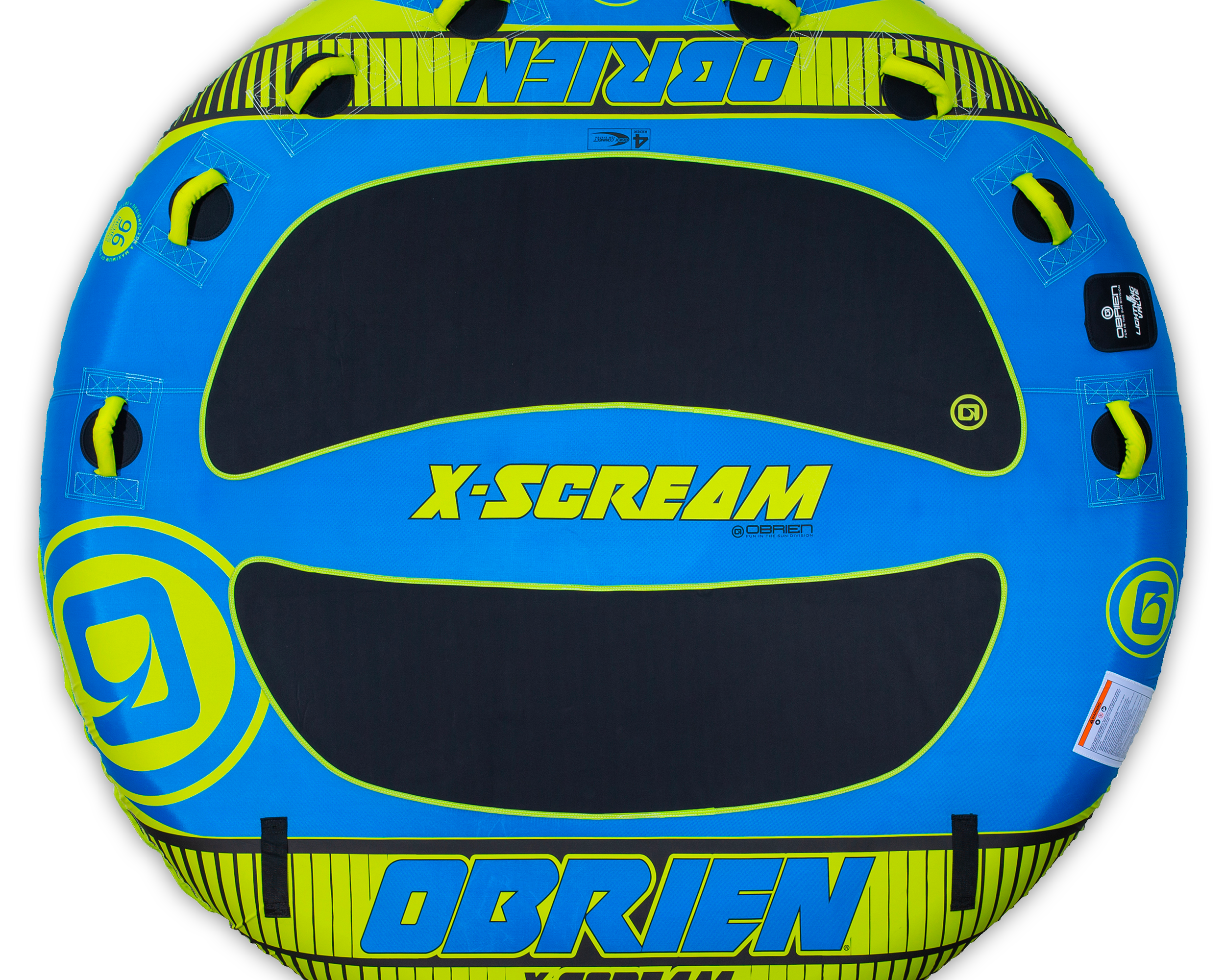 Top view of the large blue and black O'Brien X-Scream, a four-rider towable tube with handles and a cushioned top.