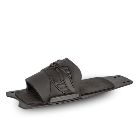 Angled view of the O'Brien X-9 RTP, a black rear toe plate with a molded rubber overlay and cushioned footbed.