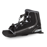 Angled view of the O'Brien Z9 Front Waterski Binding in black with gray accents, open-toe design and lace adjustment.