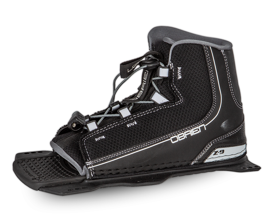 Angled view of the O'Brien Z9 Front Waterski Binding in black with gray accents, open-toe design and lace adjustment.