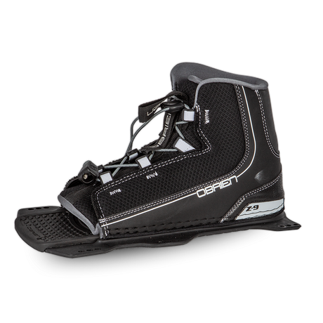 Angled view of the O'Brien Z9 Front Waterski Binding in black with gray accents, open-toe design and lace adjustment.