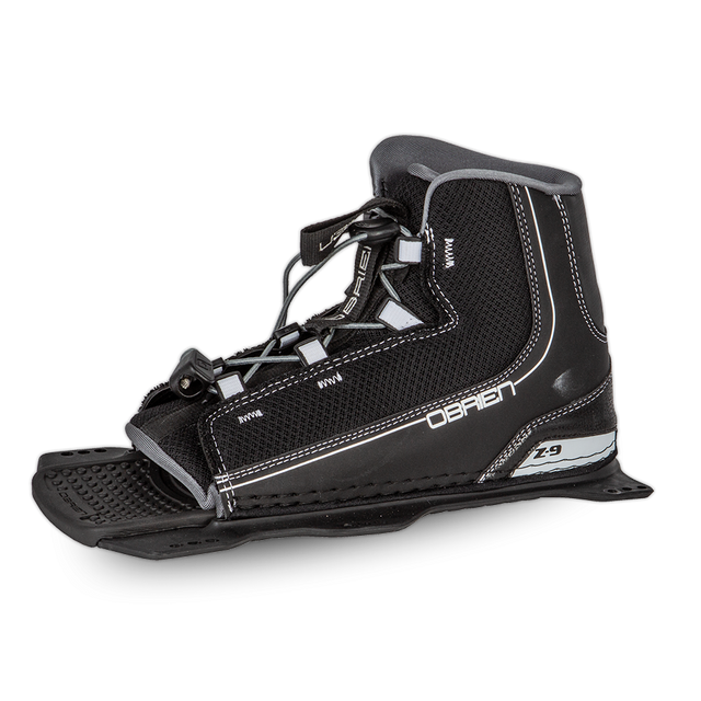 Angled view of the O'Brien Z9 Front Waterski Binding in black with gray accents, open-toe design and lace adjustment.