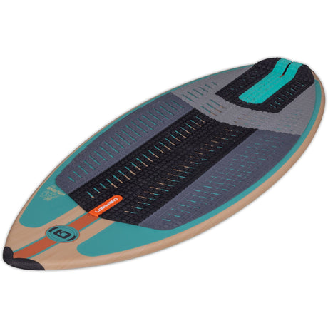 Angled top view of the Havana wakesurfer in teal and wood grain with black and gray grip pad.
