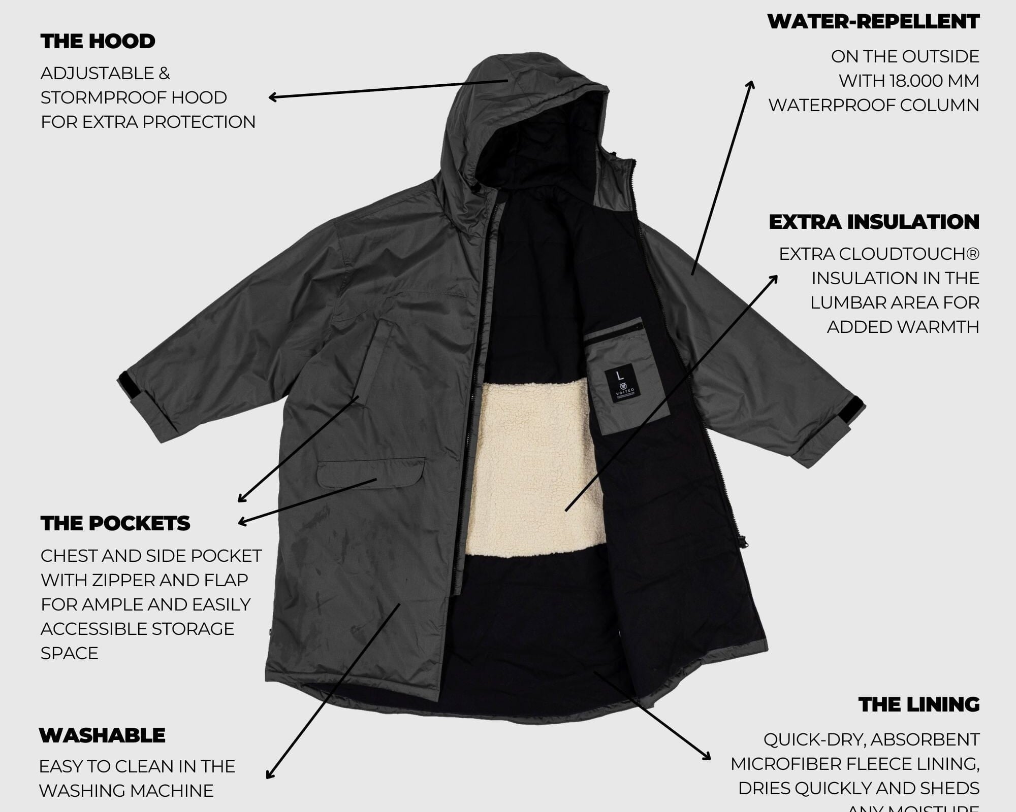 VOITED 3rd Edition Outdoor Changing Robe & Drycoat for Surfing, Camping, Vanlife & Wild Swimming - Black