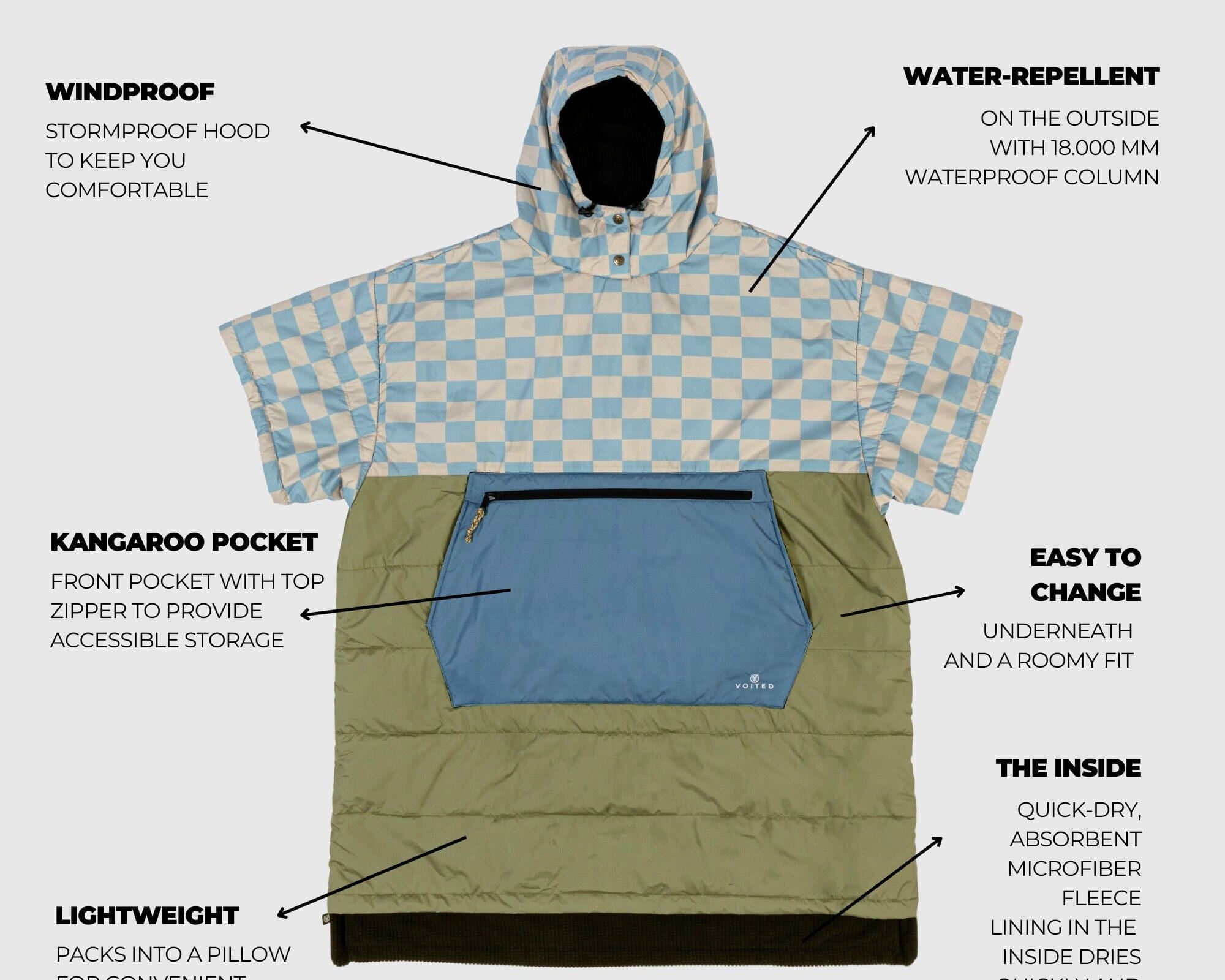VOITED 3rd Edition Outdoor Poncho for Surfing, Camping, Vanlife & Wild Swimming - Blue Dancer