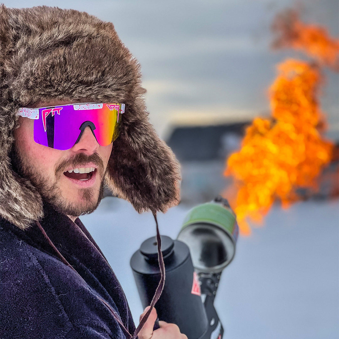 Wide / Polarized Pink | organize_image_files.JPG | Man using a flame thrower wearing The LA Brights Original from Pit Viper Sunglasses