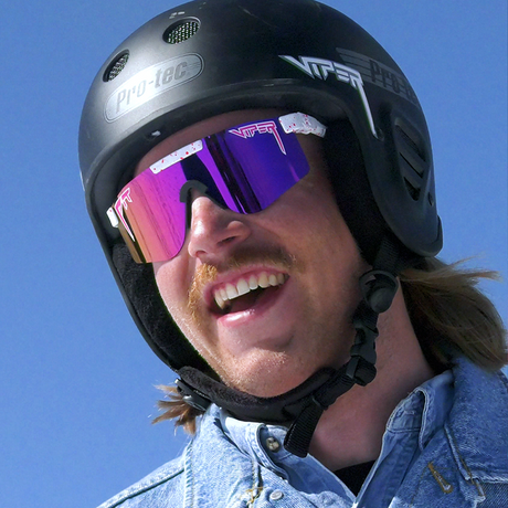 Wide / Polarized Pink | blahblahblah.JPG | Man wearing a helmet and The LA Brights Original from Pit Viper Sunglasses