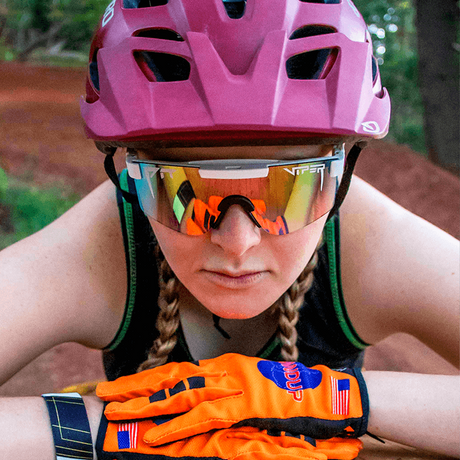 Narrow / Pink | corn_dog.JPG | woman wearing a bike helmet and The Miami Nights Original from Pit Viper Sunglasses