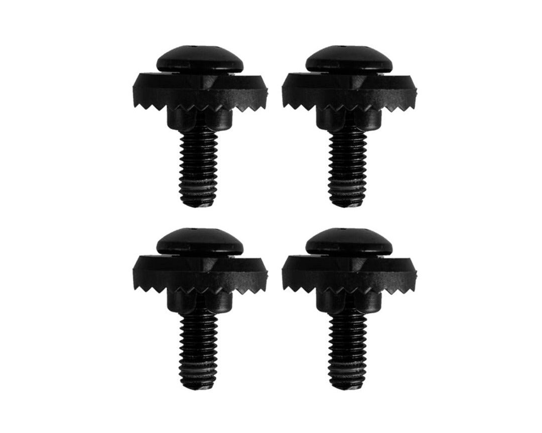 Four black binding bolts with ridged washers are arranged in two rows on a white background.