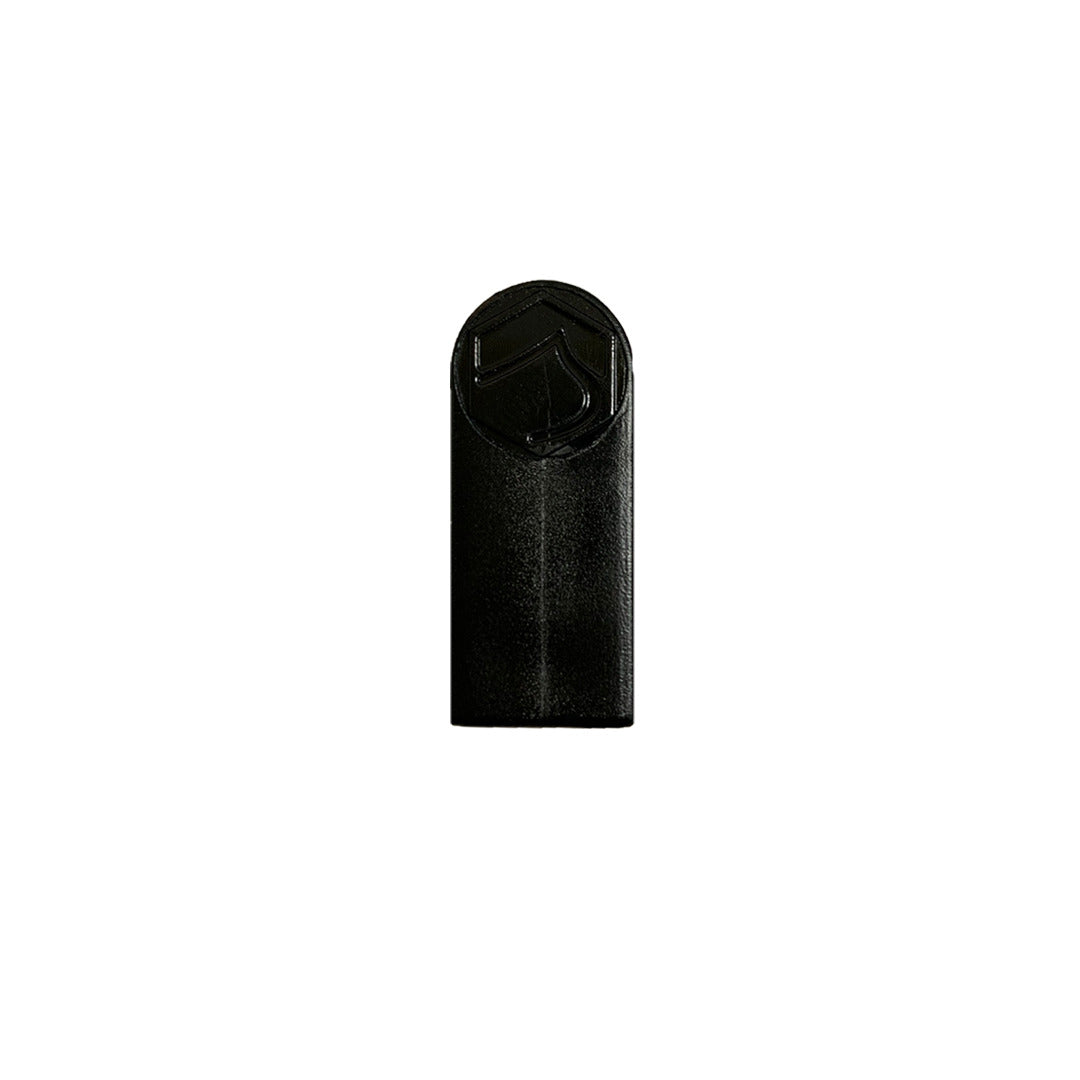 A sleek black USB flash drive with logo, showcasing its top-notch design.
