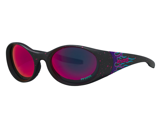 / Pink-Purple | knock_knock.JPG | The Ignition Slammer by Pit Viper, 1999 retro oval sunglasses with purple flames on the lens and a purple lens