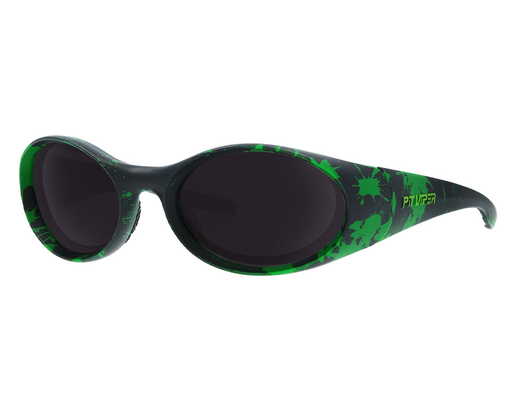 / Smoke | chicken_butt.JPG | The Slime Slammer from Pit Viper Sunglasses, 1999 retro oval sunglasses with a black lens and slime splatter on the frame
