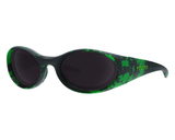 / Smoke | chicken_butt.JPG | The Slime Slammer from Pit Viper Sunglasses, 1999 retro oval sunglasses with a black lens and slime splatter on the frame