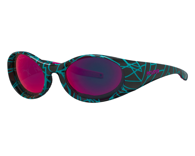  | AHHH.JPG | The Voltage Slammer from Pit Viper, 1999 retro oval sunglasses with teal crisscross pattern on the frame, and a purple-pink lens