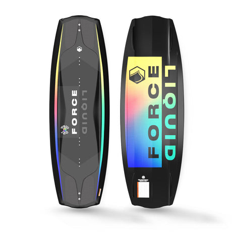 Top and Bottom View of vibrant 24 Trip Liquid Force wakeboards with rainbow accents and bold logos.