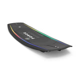 Front angled view of Trip wakeboard with colorful stripes on a black background.