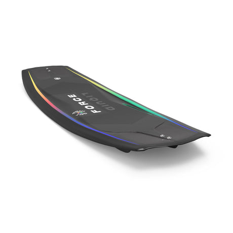 Front angled view of Trip wakeboard with colorful stripes on a black background.