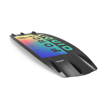 Bottom angled view of 24 Trip wakeboard features vibrant FORCE design with black fins on a white backdrop.